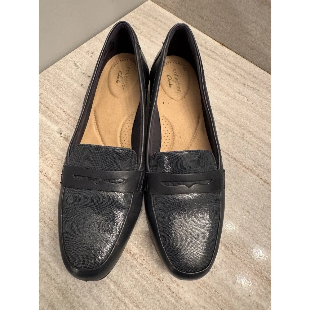 Clarks Juliet Coast Penny Loafers Leather Slip-Ons Luxe Flats‎ Textured Blue 8.5